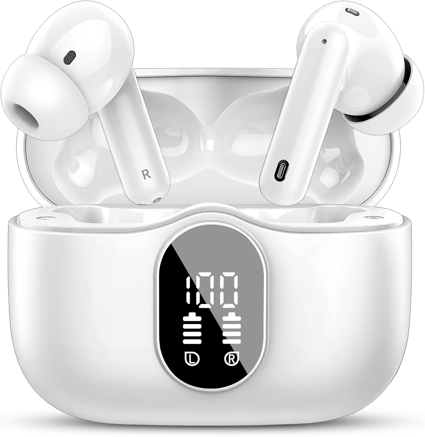61HyQ94QVGL._AC_SL1500_.jpg Wireless Earbuds, Bluetooth 5.4 Headphones Bass Stereo, Ear Buds with Noise Cancelling Mic, LED Display in Ear Earphones Clear Calls, IP7 Waterproof Bluetooth Earbuds for Phones/Sports/Laptop, White - Image 1