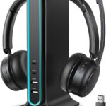 Bluetooth Headset, Wireless Headset with Mic for Work, Qualcomm Chipeset Dongle, V5.4 Headsets with Microphone for Work, Wireless Noise Cancelling Headphones Busy/Mute Light for PC Computer Office WFH