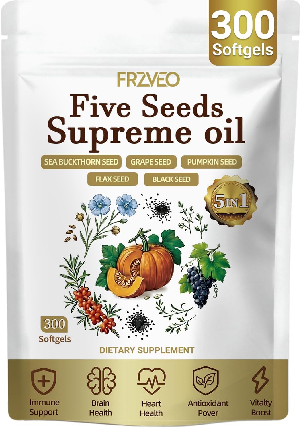 71AbXhM8FML._AC_SL1500_.jpg Five Seeds Supreme Oil, 300 Softgels | 5 in 1 Pumpkin Seed Oil, Pure Sea Buckthorn, Grape, Flax, Black Seeds | Cold Pressed, Supports Hair, Urinary, Bladder & Prostate Health - Image 1