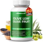 Olive Leaf & Olive Fruit 9,100mg with 60% Oleuropein & 60% Hydroxytyrosol – Plus Black Seed Oil & Black Pepper – 150 Capsules