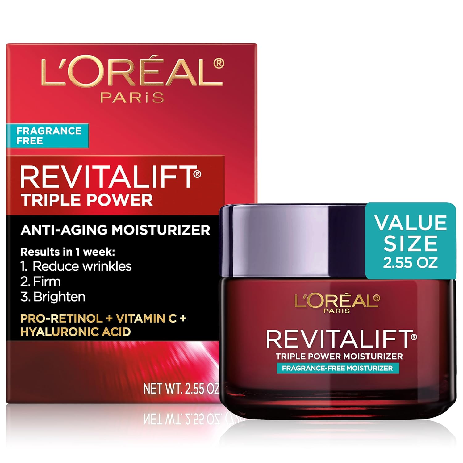81JinWKTvHL._SL1500_.jpg L'Oreal Paris Revitalift Triple Power Anti-Aging Face Moisturizer, Fragrance Free, Pro Retinol, Hyaluronic Acid & Vitamin C to Reduce Wrinkles, Firm & Brighten Skin, 2.55 Oz - Image 1