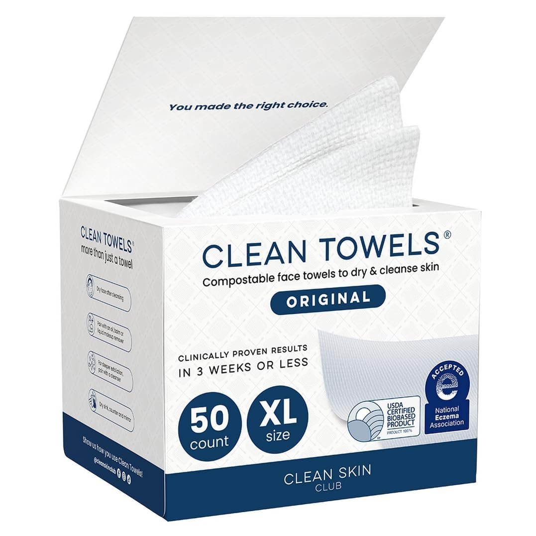 61Cn1ooILhL._SL1077_.jpg Clean Skin Club Clean Towels XL®, 100% USDA Biobased Face Towel, Disposable Face Towelette, Eczema Association Accepted, Makeup Remover Dry Wipes, Ultra Soft, 1 Pack, 50 Ct - Image 1