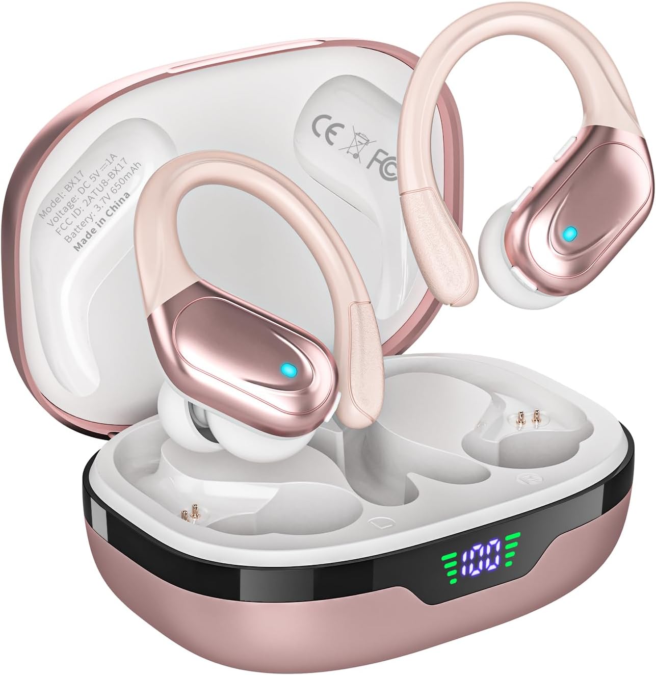 61DzAvRWJlL._AC_SL1500_.jpg Wireless Earbuds, Sports Bluetooth Headphones, 80Hrs Playtime Ear Buds with LED Power Display, Noise Canceling Headset, IPX7 Waterproof Earphones for Workout/Running(Rose Gold) - Image 1