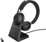 Jabra Evolve2 65 Bluetooth Wireless Headset with Mic for Calls and Music, Dual-Ear Headphones with USB-A Adapter and Charging Stand, Up to 37 Hours Battery, Works with Microsoft Teams, Black