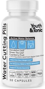 Youth & Tonic Water Cutting Pills - Natural Diuretic Complex for Temporary Water Gain, Swelling, Fluid Retention, Puffiness, Swollen Legs, Ankles, Arms, Puffy Eyes. for Men & Women with 30 Capsules