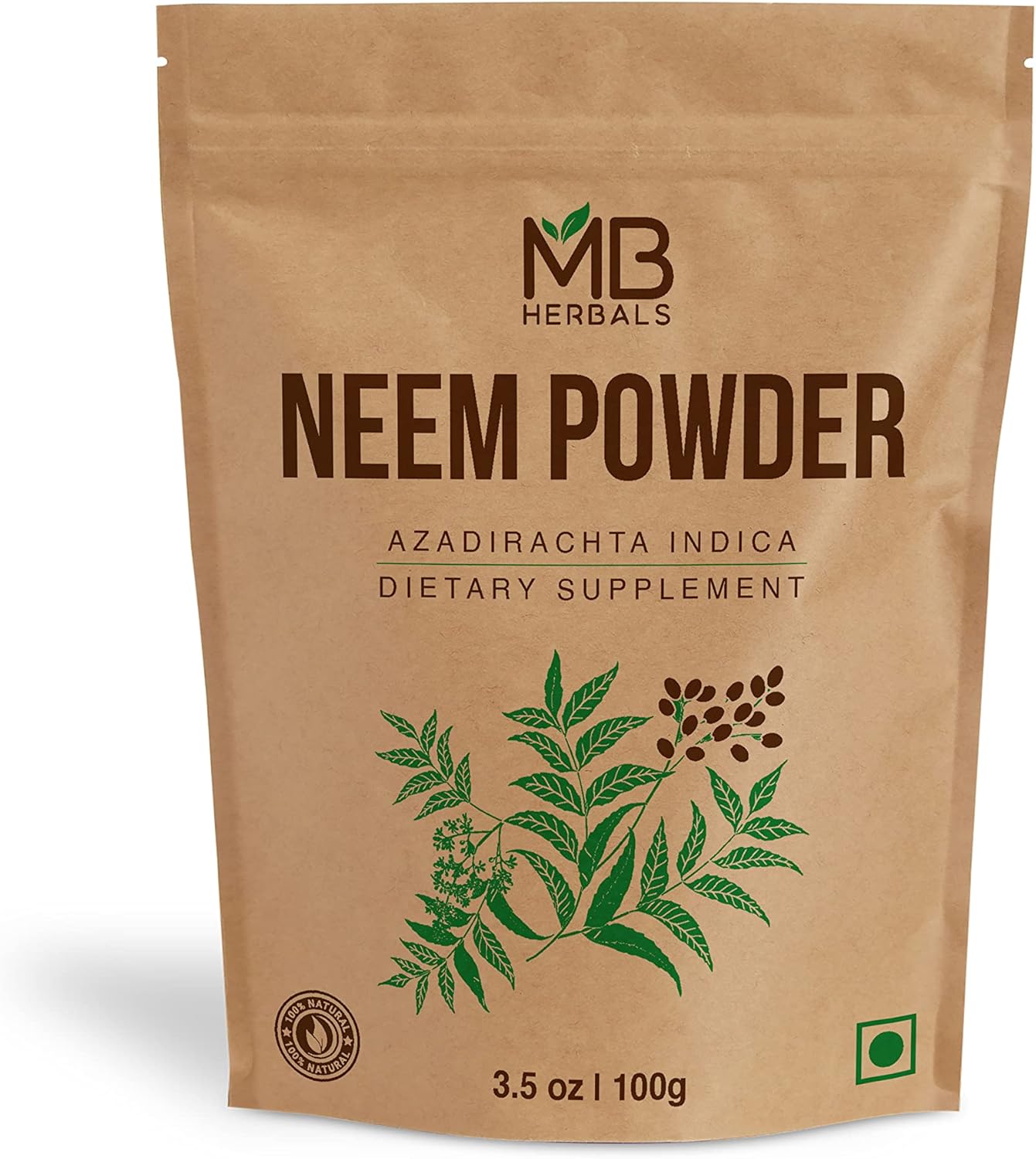 71Y2ByCZ9qL._AC_SL1500_.jpg MB Herbals Pure Neem Leaf Powder 100 Gram / 3.5 oz | Azadirachta Indica | Wildcrafted Bitter Neem Supplement Skin and Hair Care - Image 1
