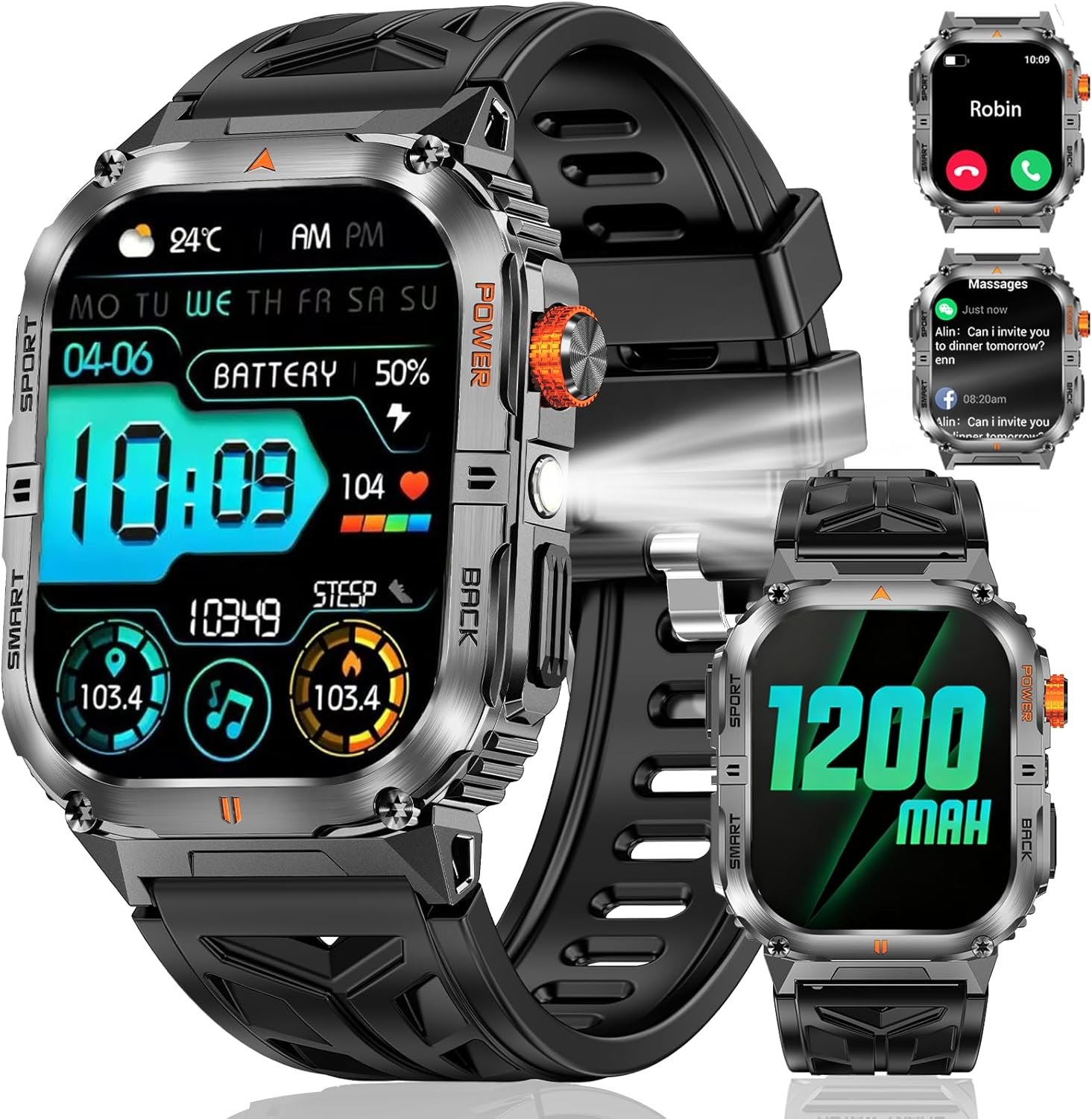 71bGxWVe-BL._AC_SL1500_.jpg Military Smarty Watch for Men, 2.01" Smartwatch with 1200mAh Battery, Flashlight, Answer/Make Calls, Heart Rate/Sleep Monitor 100+ Sport Modes Fitness Tracker for Android/iPhone - Image 1