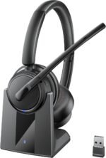 Mopchnic Wireless Headset with Noise Cancelling Microphone, On-Ear Bluetooth Headset with USB Dongle, Mute Function & Charging Base, Wireless Headphones for Work from Home and Call Center (Black)