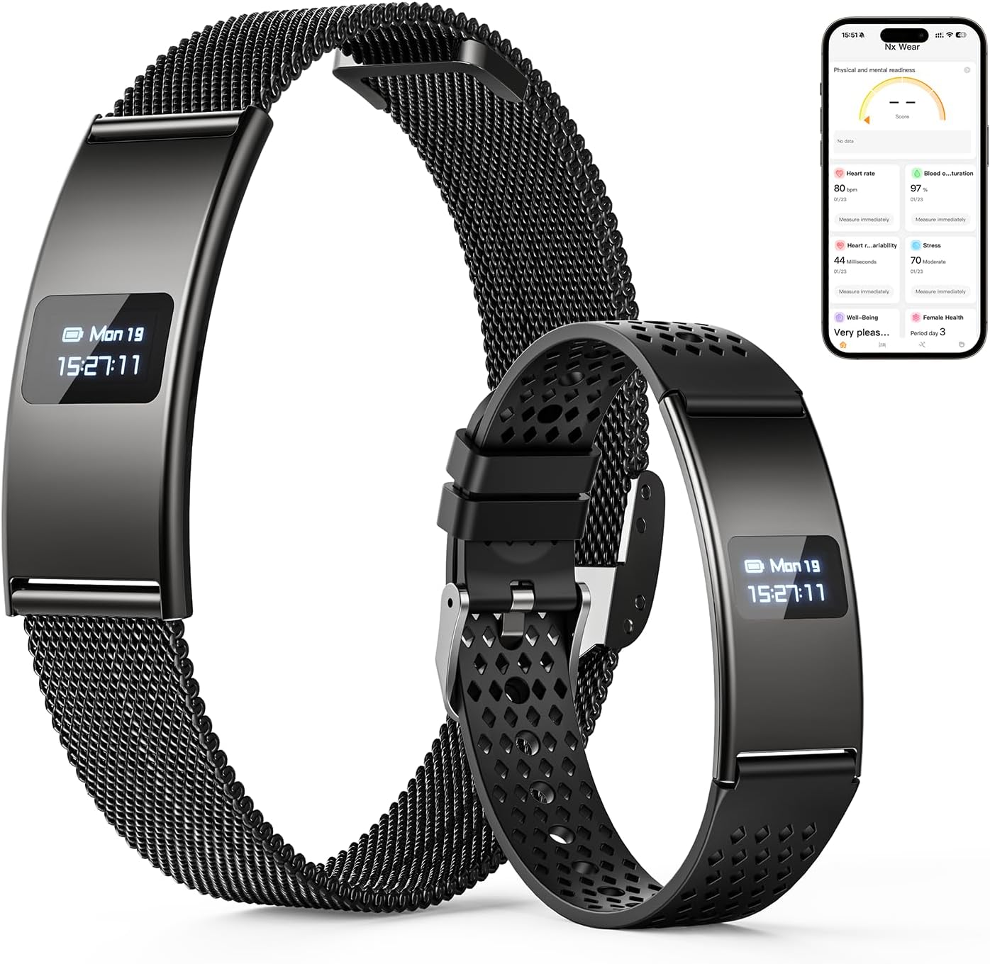 71piUaUj7wL._AC_SL1500_.jpg Smart Bracelet, Subscription-Free 24/7 Health Tracking, Heart Rate, SpO2, HRV & Sleep Tracker with IPX8 Waterproof, Wearable Activity & Fitness Tracker, 7-Day Battery, 2 Bands (Black) - Image 1
