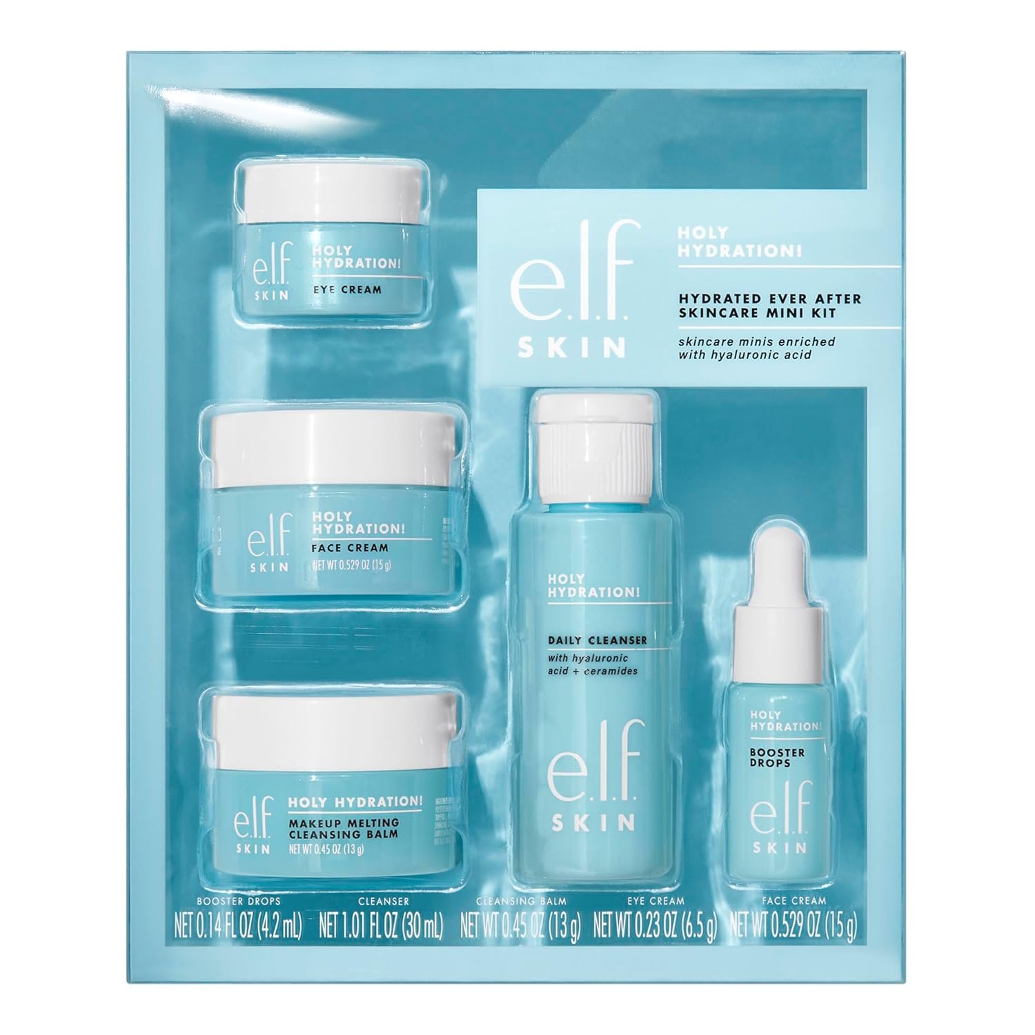 71sWWbYc1rL._SL1500_.jpg e.l.f. SKIN Holy Hydration! Hydrated Ever After Skincare Mini Kit, Cleanser, Makeup Remover, Moisturizer & Eye Cream For Hydrating Skin, Airplane-Friendly Sizes - Image 1