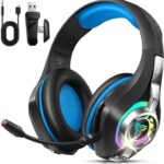 2.4GHz Wireless Gaming Headsets for PS5/PS4/PC/Switch/Xbox, RGB Noise Cancelling Over-Ear Headphones with 7.1 Surround Sound, 40mm Drivers, 276g Ultraligero, Memory Foam, 45H Gaming Headphones Black