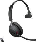 Jabra Evolve2 65 Bluetooth Wireless Headset with Mic for Calls and Music, Single-Ear Headphones with USB-A Adapter, Up to 37 Hours Battery, Works with Microsoft Teams, Black