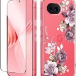 GVIEWIN for Google Pixel 10a Case with Screen Protector, [Military Grade Drop Protection] Non Yellowing Clear Floral Slim Phone Cover for Women 2026 6.3"(Cherry Blossoms/Purple)