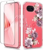 GVIEWIN for Google Pixel 10a Case with Screen Protector, [Military Grade Drop Protection] Non Yellowing Clear Floral Slim Phone Cover for Women 2026 6.3"(Cherry Blossoms/Purple)