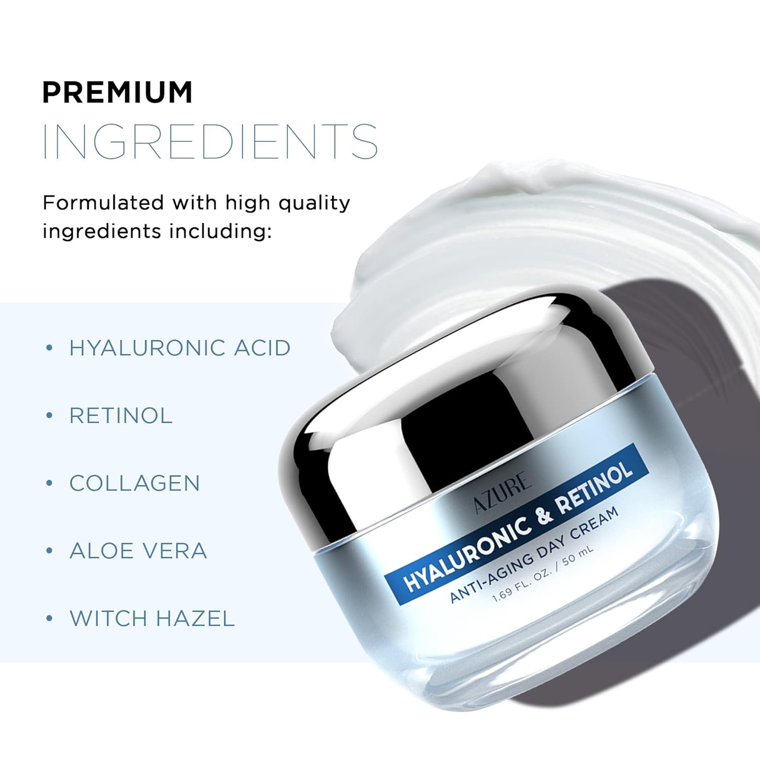 713tMVLerDL._SL1500_.jpg Azure Cosmetics Hyaluronic Acid Moisturizer Face Cream - Dermatologist Tested, Anti-Aging Retinol Cream for Dark Spots, Fine Lines & Wrinkles - Clean Beauty, Korean Skincare - All Skin Type - 1.69 oz - Image 1