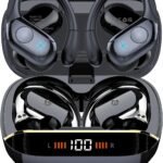 Qecnato Wireless Earbuds Bluetooth 5.4 Headphones 75H Stereo Deep Bass Sports Over Ear Buds with Earhooks, LED Display Bluetooth Earbuds with 4 ENC Mic, IP7 Waterproof Earphone for Running
