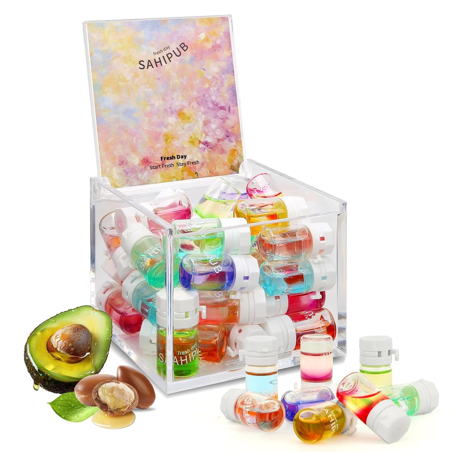 71G8nFRO6L._SL1500_.jpg Hair Perfume Oil, 40 Mini Bottles with 10 Scents, 2-in-1 Leave-In Hair Serum, Argan & Avocado Oils + Amino Acids for Frizzy, Dry & Damaged Hair, Lightweight Non-Greasy, Long-Lasting Scent - Image 1