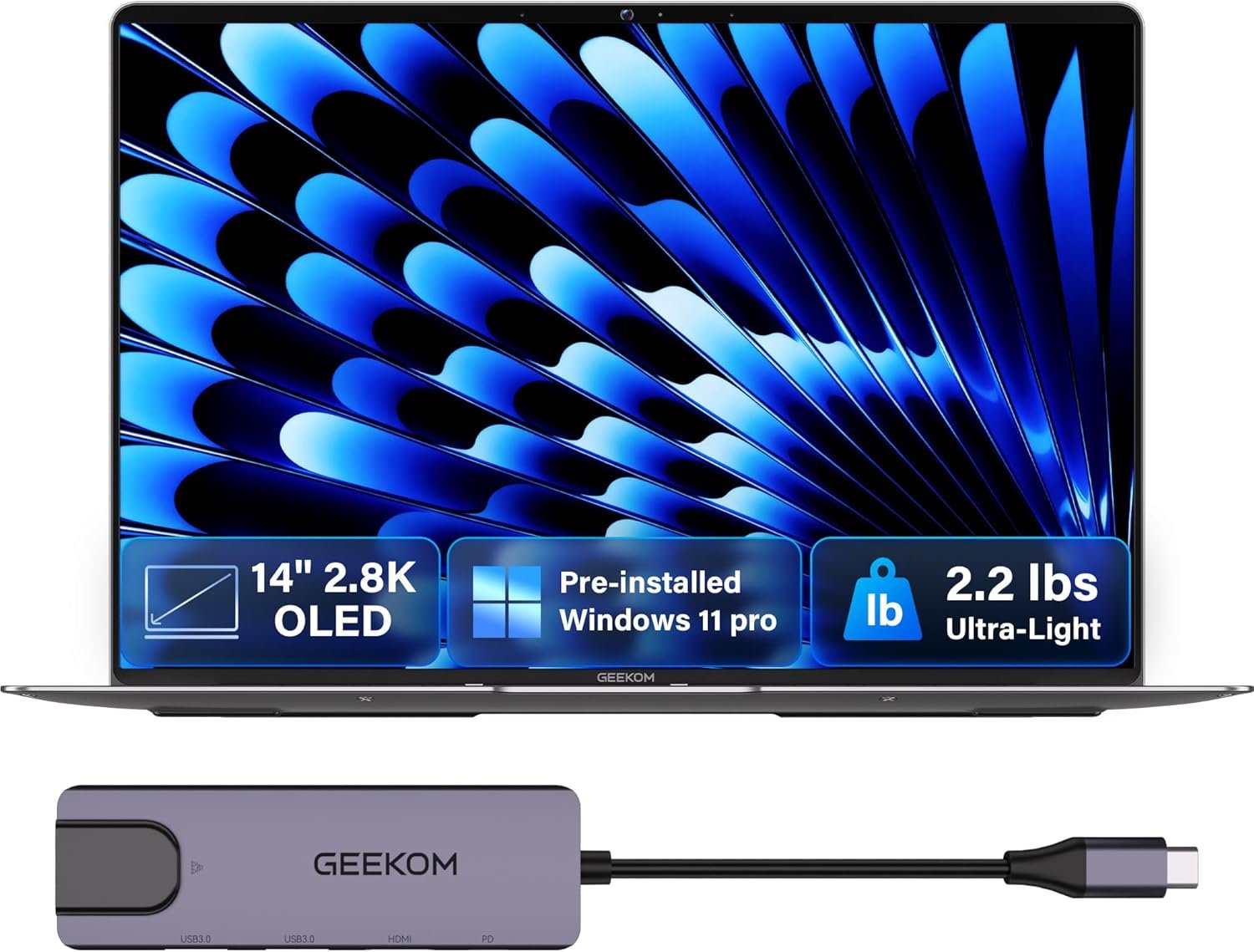 71b6z03r7rL._AC_SL1500_.jpg GEEKOM GeekBook X14 Pro Laptop, 2.2lbs Ultra Thin 14" 2.8K OLED Laptop Computer, Ultra 9 185H, 32GB LPDDR5x 7500MHz RAM 1TB SSD, Up to 16 Hour, 2X USB4, Fingerprint, Hub, Copilot, Windows 11 Pro - Image 1