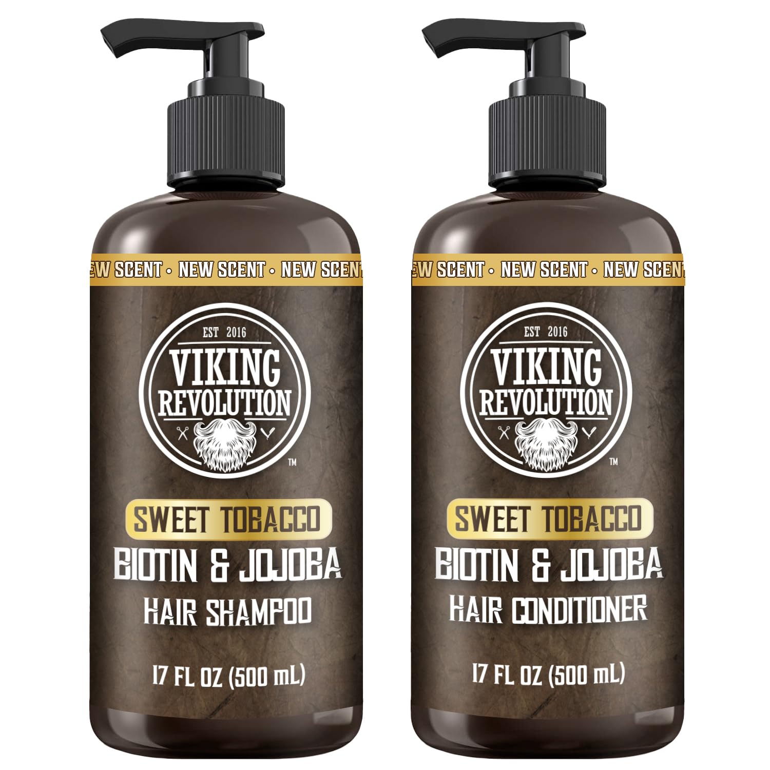 71b8xYq58oL._SL1500_.jpg Viking Revolution Sweet Tobacco Mens Shampoo and Conditioner Set with Biotin and Jojoba Oil - Natural Hair Shampoo and Hair Conditioner for Men with Vitamin B5 - Mens Shampoo for Thinning Hair (17Oz) - Image 1