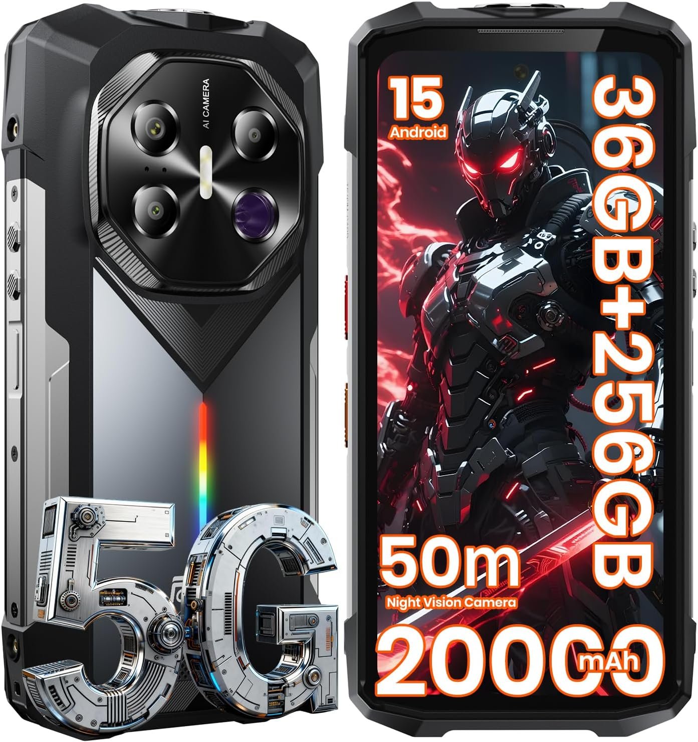 81ZfZ7b0dzL._AC_SL1500_.jpg FOSSIBOT 2026 F113 20000mAh/33W 5G Rugged Phone Unlocked, 36GB+256GB/2TB MediaTek Dimensity 7050+ Gaming Phone, 6.78" FHD+120Hz Gorilla Glass Android 15, 50m Ultra-Long-Range Smartphone - Image 1