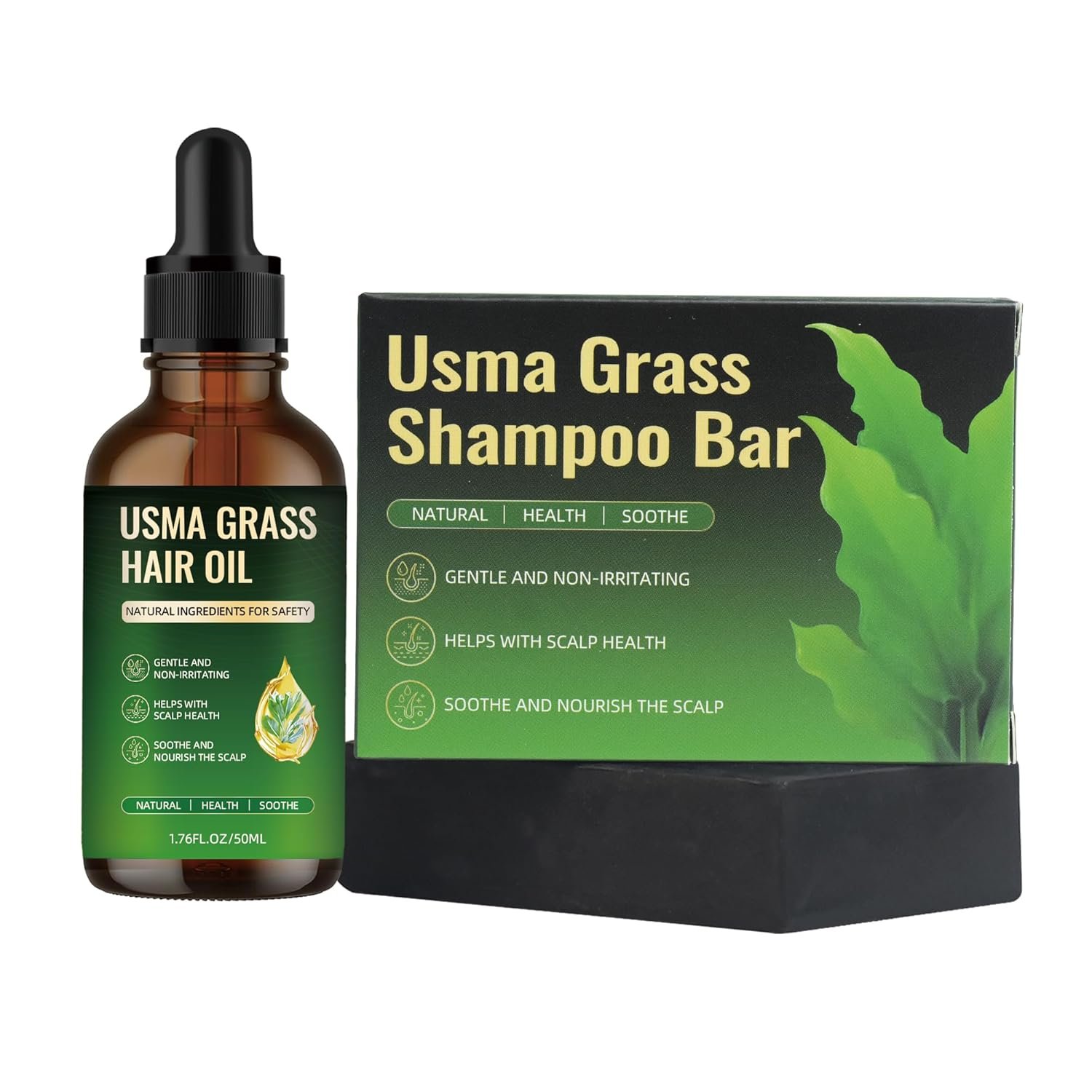 81f3S0evGBL._SL1500_.jpg Usma Grass Shampoo Bar + Essential Oil Set, Natural Polygonum Multiflorum Gray Hair Reverse Bar Soap for Men and Women, Herbal Usman Grass Juice Hair Darkening & Growth Liquid Serum Oil - Image 1