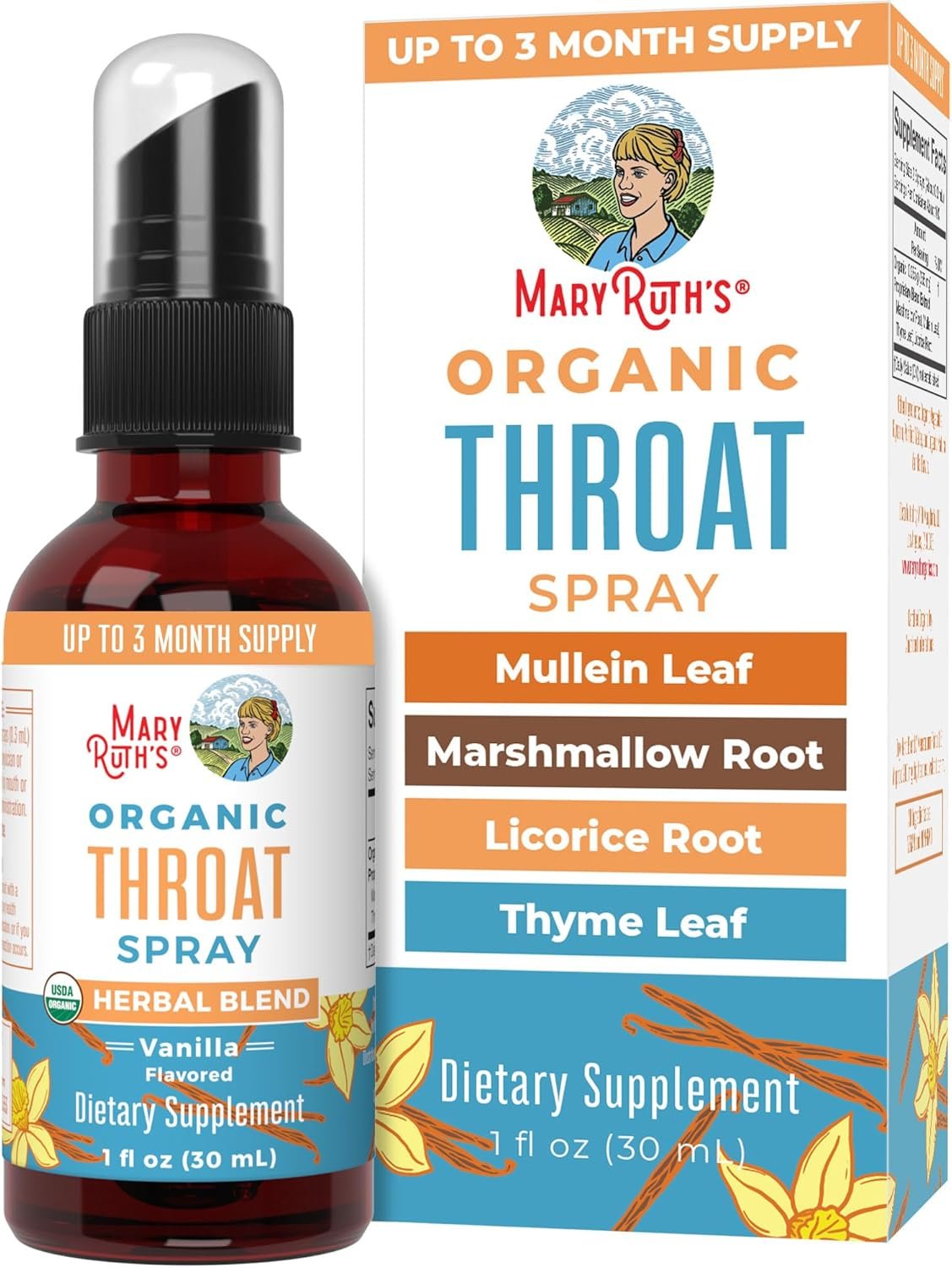 81zbeOPGpzL._AC_SL1500_.jpg MARYRUTH'S USDA Organic Throat Spray with Mullein Leaf | Marshmallow Root & Licorice Root & Thyme Leaf | Vanilla | 4 Herbal Blend | Non-GMO | Vegan | Gluten Free | 1 Fl Oz | Up to 100 Servings - Image 1