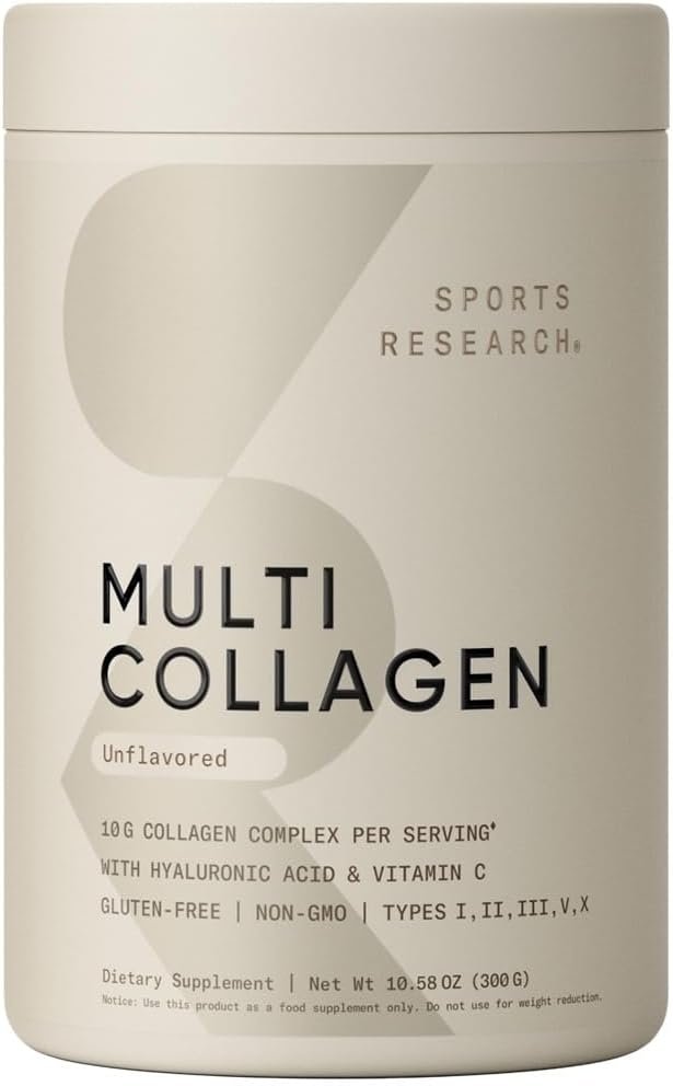 51Md9UVsFL._AC_SL1000_.jpg Sports Research Multi Collagen Protein Powder (Type I, II, III, V, X) with Hyaluronic Acid + Vitamin C | 5 Types of Food Based Collagen, 30 Servings (Unflavored) - Image 1