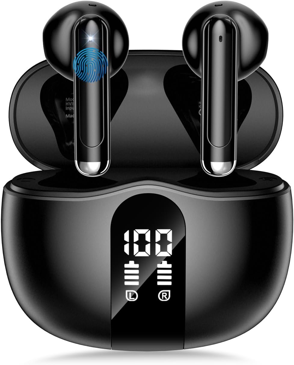 61Vru8PKiqL._AC_SL1500_.jpg Wireless Earbuds, 2026 Bluetooth 5.4 Headphones Bass Stereo Ear Buds with Noise Cancelling Mic, LED Display in Ear Earphones 50H Playtime Ear Buds, IP7 Waterproof for Laptop Pad Phones, Pure Black - Image 1