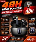 foxotin Wireless Earbuds, Bluetooth 5.4 Headphones with 48H Playback & Dual LED Display, IP7 Waterproof in-Ear Earphones with Noise Cancelling Mic, Deep Bass Stereo, Touch Control for Sports, Black - Image 2