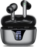 Wireless Earbuds Bluetooth Headphones, 50H Playtime Ear Buds with Mic, LED Digital Display Charging Case, IPX7 Waterproof, Deep Bass Stereo, in-Ear Earphone for iPhone Andriod Phone - Greige