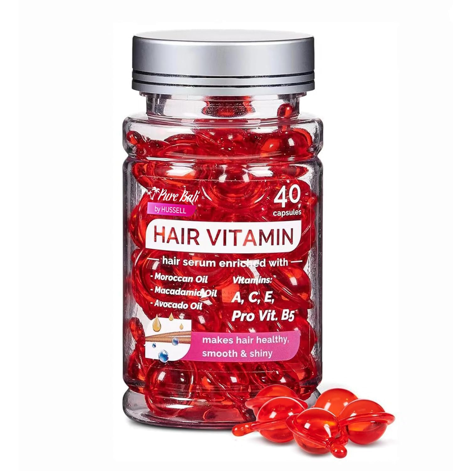 71KhaDr1-L._SL1500_.jpg Pure Bali Hair Vitamins Moroccan Oil Capsules for Women & Men - Serum Enriched with Argan Oil & Avocado Oil for All Hair Type Frizzy Dry Curly - Vitamin A, E, Pro B5 (40 Capsules) - Image 1