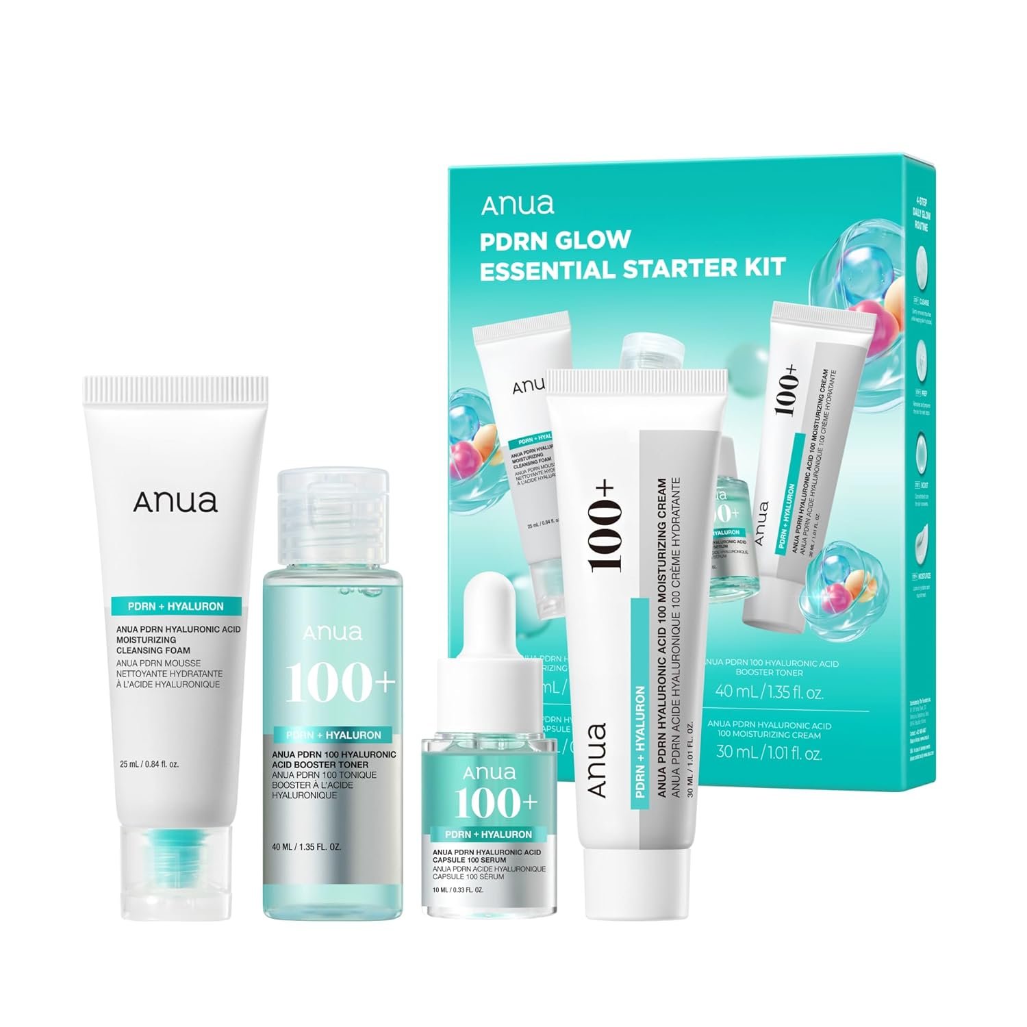 71YVdkGEYL._SL1500_.jpg Anua Salmon DNA PDRN Glow Essential Starter Kit, Hyaluronic Acid Skincare Set, Glass Skin Routine with Firming & Hydrating Cleanser, Toner, Serum & Cream, Mini Travel Essentials, Korean Skincare Gift - Image 1