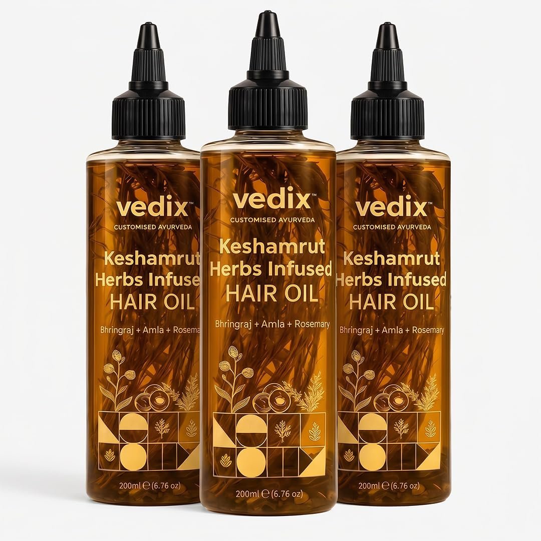 71ZihsT-4-L._SL1080_.jpg Vedix Keshamrut Herbs Infused Ayurvedic Hair Oil With Bhringraj, Amla & Rosemary I Control Hair Fall & Boost Hair Growth I 16+ Whole Herbs, Leaves & Flowers I No Mineral Oils & Chemicals (Pack of 3) - Image 1