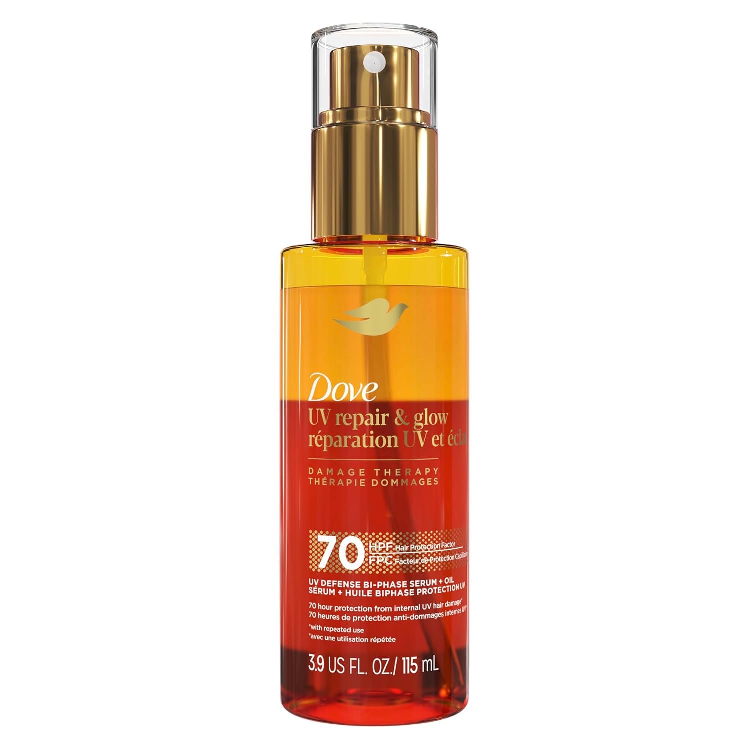71mmE2xo36L._SL1500_.jpg Dove Damage Therapy Defense Bi-Phase Serum + Oil 1 ct UV Repair & Glow for 70 Hour Hair Protection, with Ferulic Serum, 3.9 fl oz - Image 1