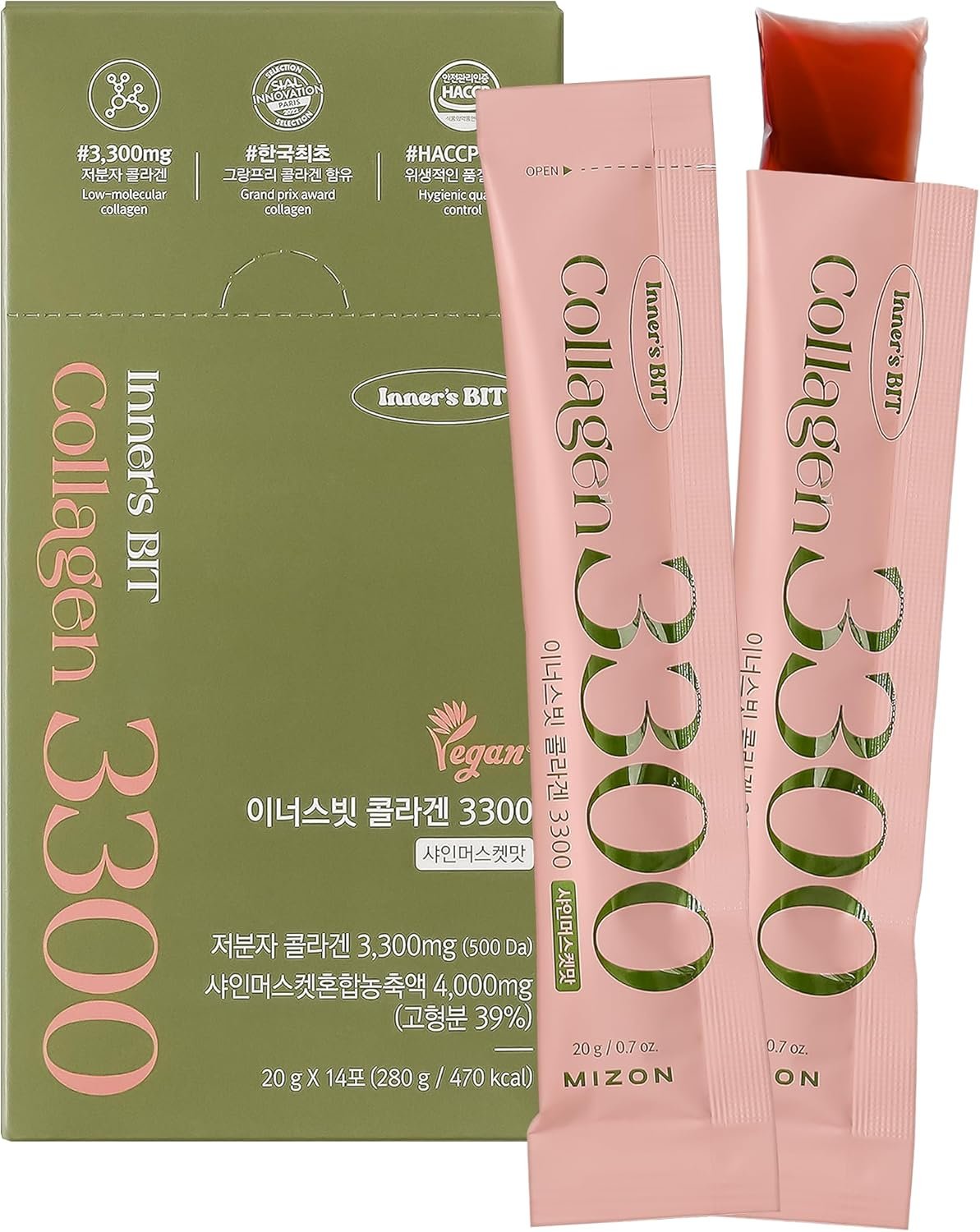 81cR3Sq9oL._AC_SL1500_.jpg MIZON INNERSBIT Collagen Jelly 3300(14 Sticks) Vegan Korean Jelly Stick Snack with Vitamin C, Hyaluronic Acid Biotin & Glutathion for Skin Halal Certified - Image 1