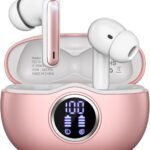 Wireless Earbuds, Bluetooth 5.3 Headphones HiFi Stereo 50H Playback LED Digital Display Ear Buds with ENC Noise Canceling Headset, IPX7 Waterproof Earphones for Gym/Running/Work（Rose Gold）