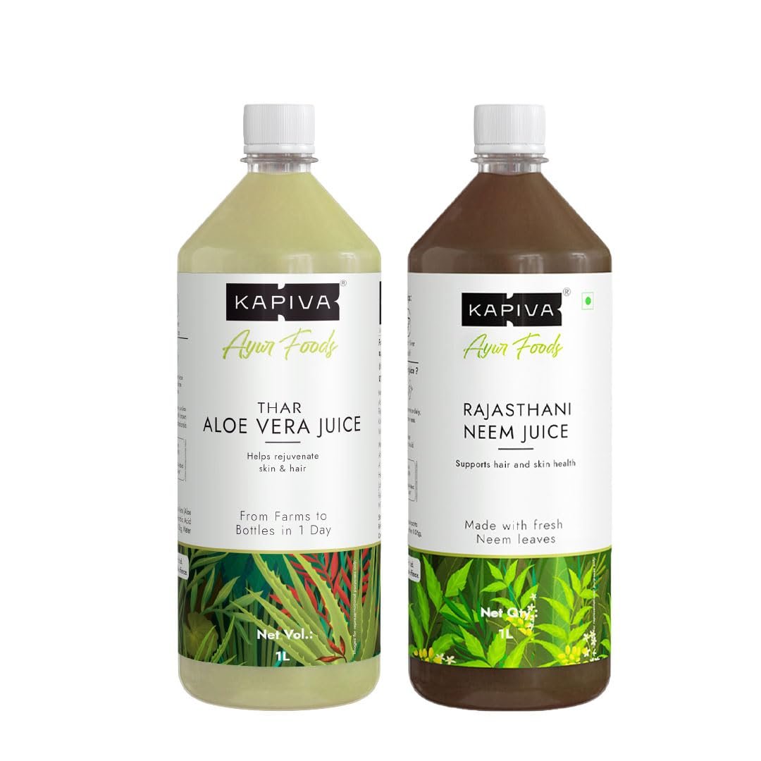61Vgg9jXG8L._SL1080_.jpg Kapiva Skin Special Combo 2.0 | Kapiva Aloe Vera & Neem Juice Combo | 2L Rich in Vitamin E, C & Fibre | Natural Juices for Healthy Skin & Hair - Image 1