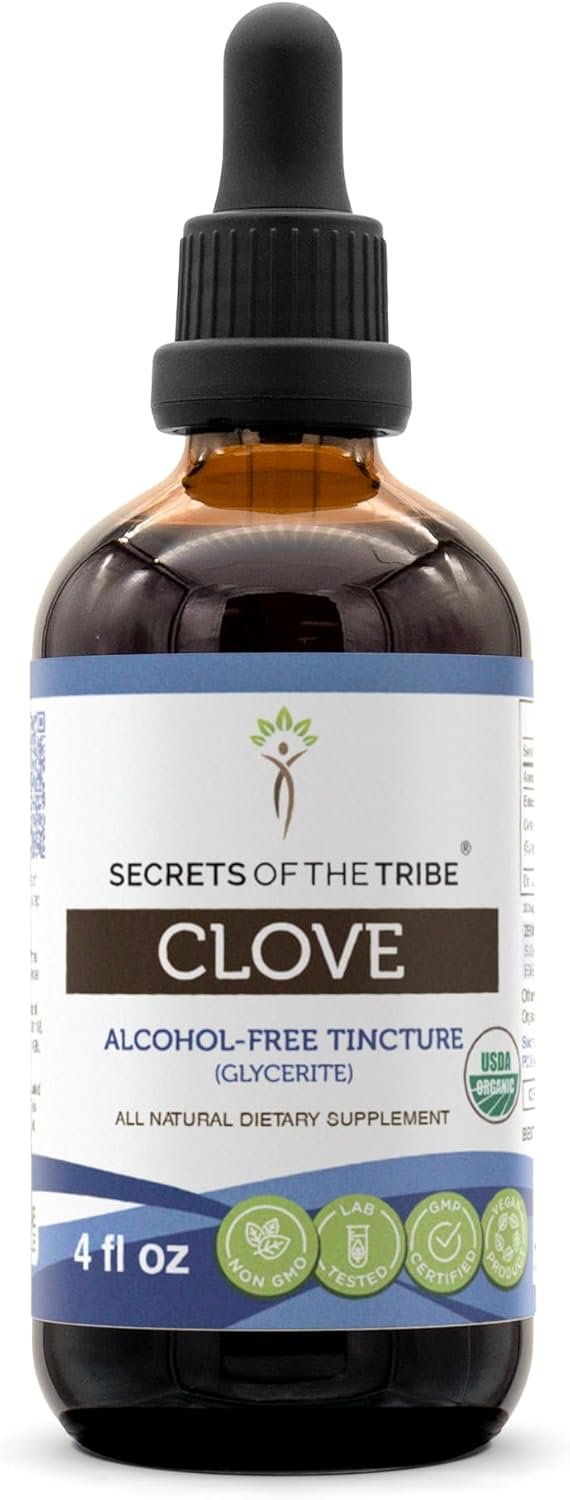 61fJdTBDCwL._AC_SL1500_.jpg Secrets of the Tribe Clove USDA Organic | Alcohol-Free Extract, High-Potency Herbal Drops | Made from 100% Certified Organic Clove (Syzygium Aromaticum) Dried Flower Buds 4 oz - Image 1