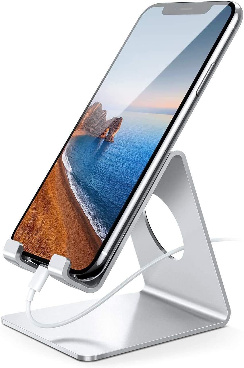 61zzOW6LqL._AC_SL1279_.jpg Lamicall Cell Phone Stand, Desk Phone Holder Cradle, Compatible with Phone 12 Mini 11 Pro Xs Max XR X 8 7 6 Plus SE, All Smartphones Charging Dock, Office Desktop Accessories - Silver - Image 1
