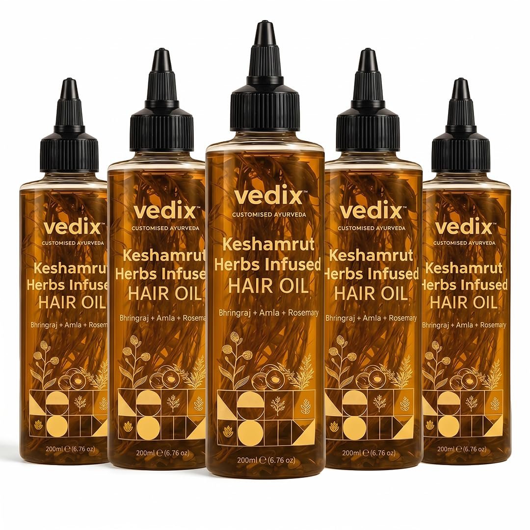 713XXRZEMEL._SL1080_.jpg Vedix Keshamrut Herbs Infused Ayurvedic Hair Oil With Bhringraj, Amla & Rosemary I Control Hair Fall & Boost Hair Growth I 16+ Whole Herbs, Leaves & Flowers I No Mineral Oils & Chemicals (Pack of 5) - Image 1