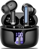 Wireless Earbuds, Bluetooth 5.4 AOVOCE Headphones with ENC Noise Cancelling Mic, LED Display 48H Playtime, IPX7 Waterproof in-Ear Bluetooth Earbuds for Sports Work Phone Laptop, for iOS Android, Black