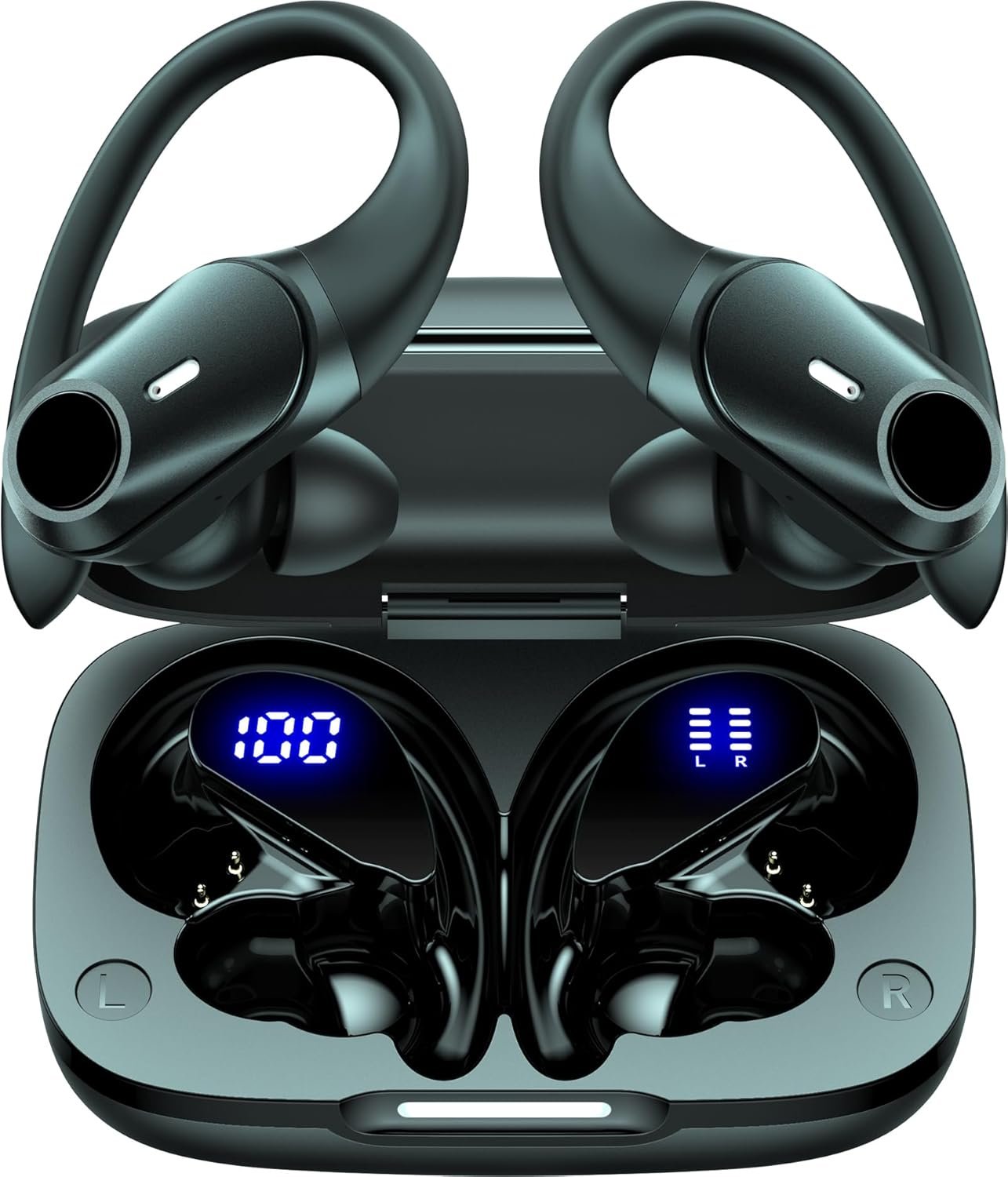 71JunErTWgL._AC_SL1500_.jpg Active Noise Cancelling Ear Buds Wireless Earbuds 80H Playtime Bluetooth Headphones with LED Display Case, Hi-Res Audio Clear Calls Earphones with Over Ear Hooks for Running Gym Workout Travel Black - Image 1