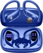 bmani Ear Buds Wireless Earbuds Bluetooth Headphones with 80H Playtime LED Display Case, Over-Ear Hook with Mic, Stereo Sound, Easy Button Controls, Sports Earphones for Running Workout Gym Blue