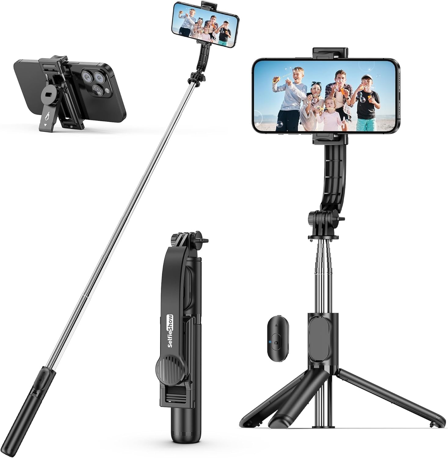 71MCJL-BDxL._AC_SL1500_.jpg SelfieShow Selfie Stick, Extendable Selfie Stick Tripod with Wireless Remote and Tripod Stand, Portable, Lightweight, Compatible with iPhone 17 16 15 14 13 12 Pro Xs Max/Samsung Smartphone and More - Image 1