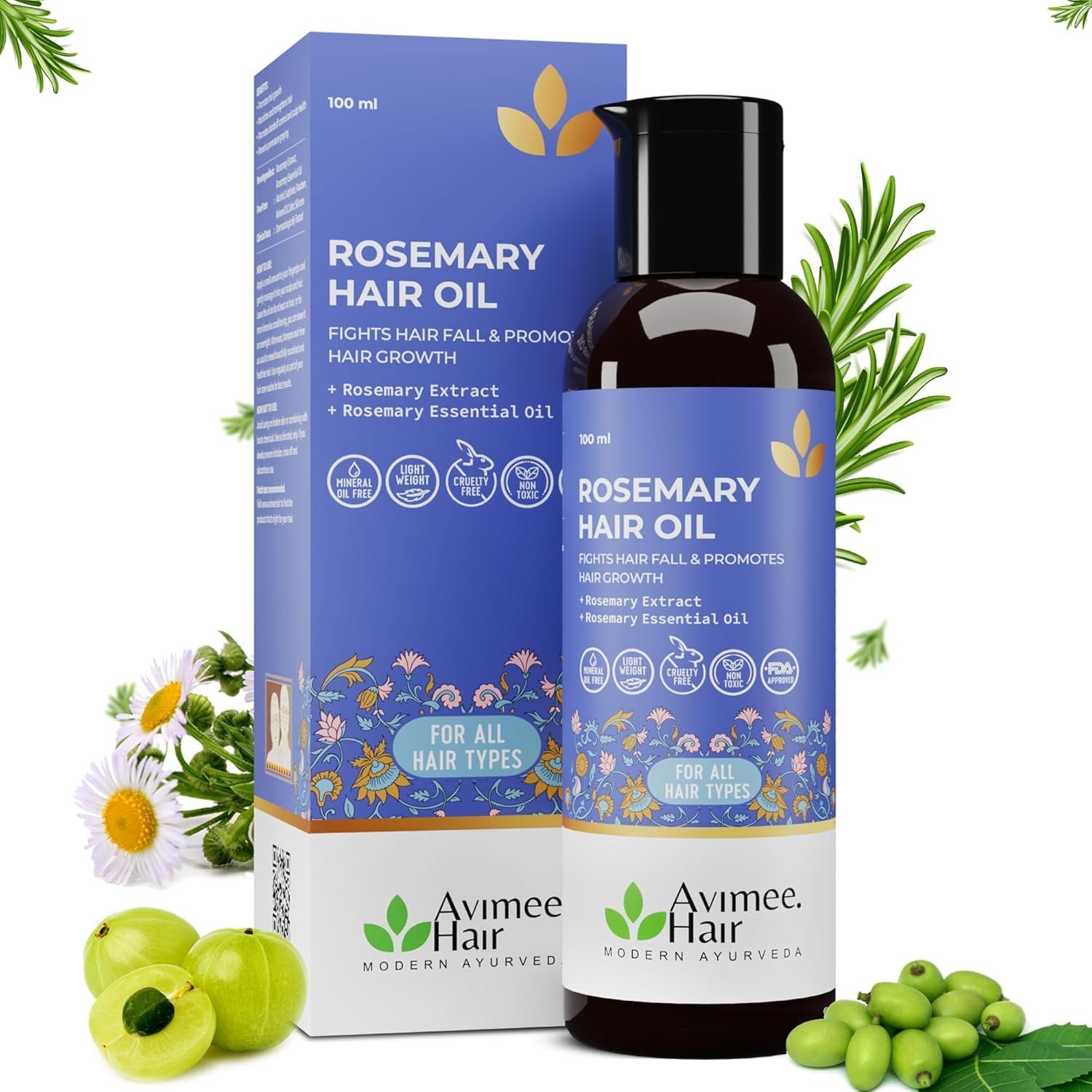 71Naay7bsjL._SL1500_.jpg Avimee Herbal Rosemary Hair Oil | For Hair Growth, Hair Fall Control and Dandruff | 100% Pure & Natural | Mineral Oil Free | 100mL - Image 1