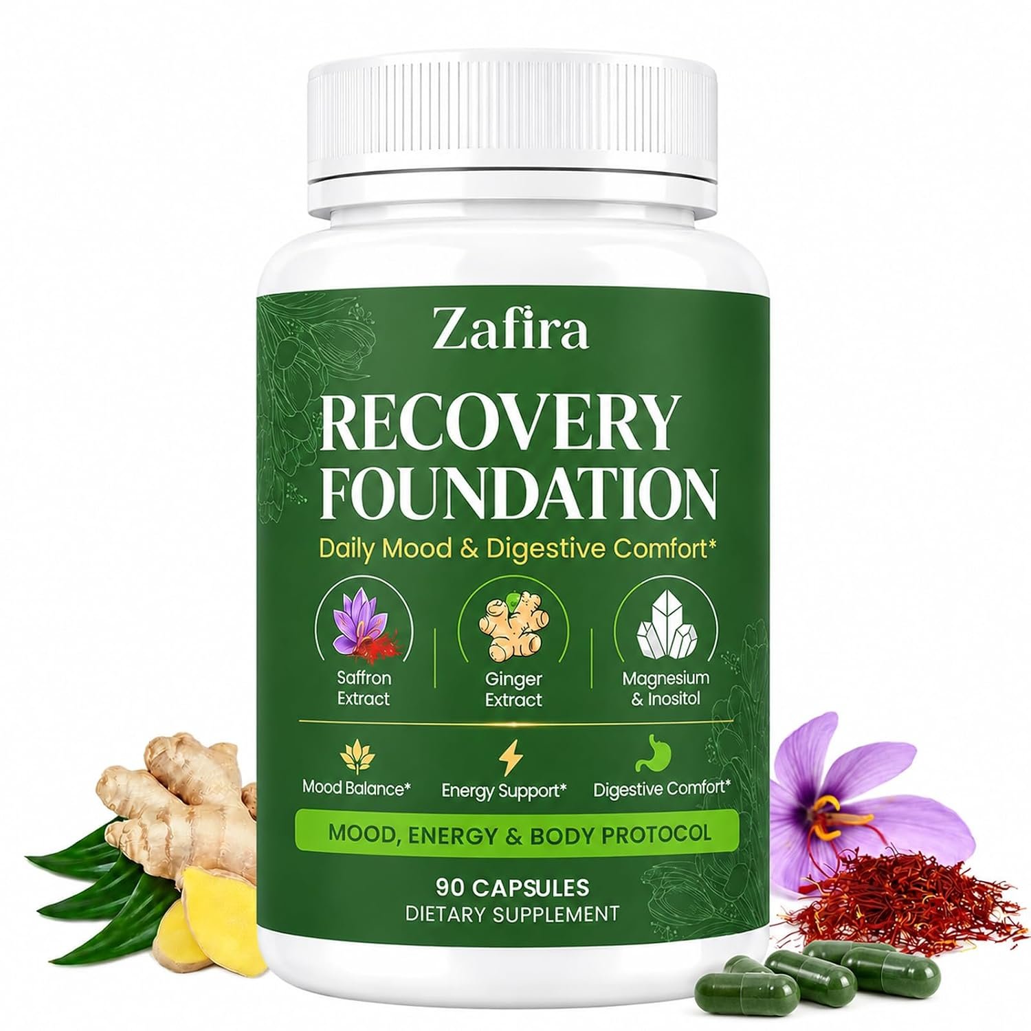71T3ngC-52L._SL1500_.jpg Zafira Organics Recovery Foundation Capsules, Natural Herbal Formula with Saffron Ginger Extract, Magnesium, Zinc, B12 for Digestion, Mood, Hair Support, Non-GMO, 90 Capsules - Image 1