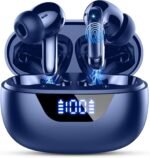 PEFUPEW Wireless Earbuds, Bluetooth 5.4 Headphones, ENC Noise Cancelling Mic Ear Buds with Stereo Bass, 40H Playtime Earphones, LED Display, Blue