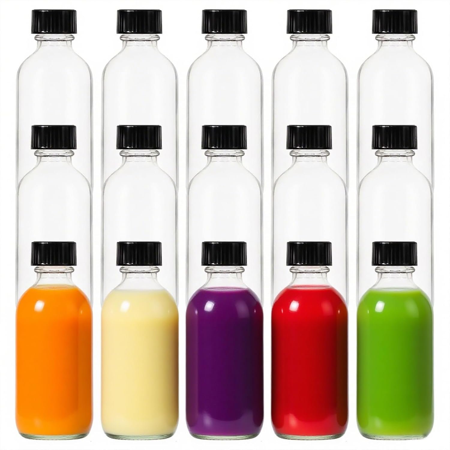 71f6Yo6oVdL._AC_SL1500_.jpg 2 oz (60ml) 15 Pack Leak-Proof Clear Glass Boston Round Bottles with lids - Mini Travel Containers for Ginger Shots, Juice, Whiskey, Samples | W/Labels, Funnels & Brushes - Image 1