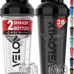 VELOMIX 2 Pack 28oz Protein Shaker Bottle for Protein Mixes, Black/Transpar | 2x Wire Whisk, Leak Proof Shaker Cups for Protein Shakes, Stackable, Dishwasher safe, BPA free, Pre Workout and Fitness ready