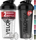 VELOMIX 2 Pack 28oz Protein Shaker Bottle for Protein Mixes, Black/Transpar | 2x Wire Whisk, Leak Proof Shaker Cups for Protein Shakes, Stackable, Dishwasher safe, BPA free, Pre Workout and Fitness ready